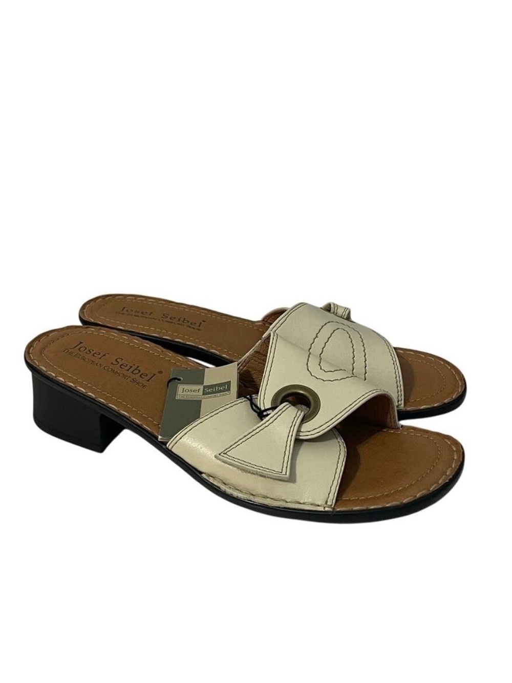 Josef Seibel Cream Leather Comfort Slide Sandal Block Heel Women's 8.5
